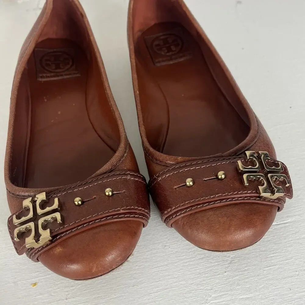 Tory Burch Brown Pebbled Leather Gold Reva Buckle Elina Ballet Flats Size 7M